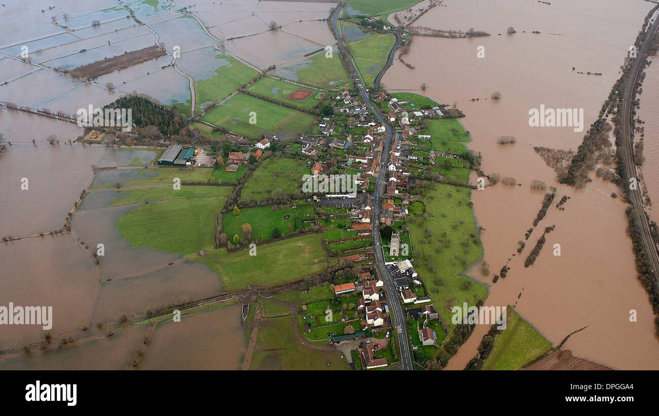 An aerial view a small village between Taunton and Yeovil on the Somerset Levels which shows the true extent of the flooding Stock Photo