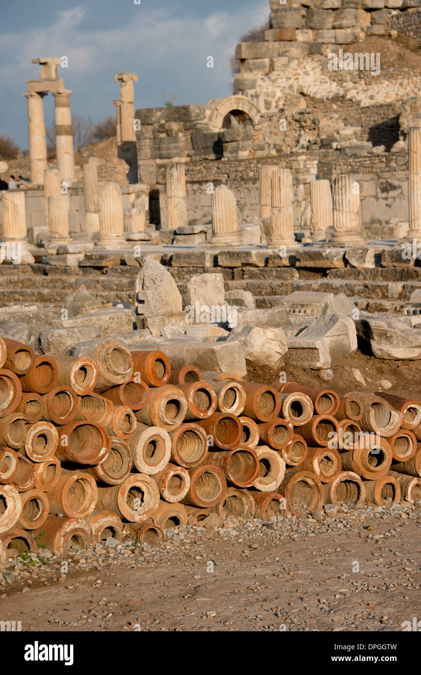 Turkey, Kusadasi, Ephesus. Ancient terra-cotta fresh water pipes that were used by the Ephesians. Stock Photo