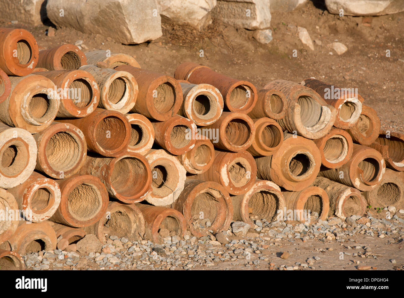 Turkey, Kusadasi, Ephesus. Ancient terra-cotta fresh water pipes that were used by the Ephesians. Stock Photo