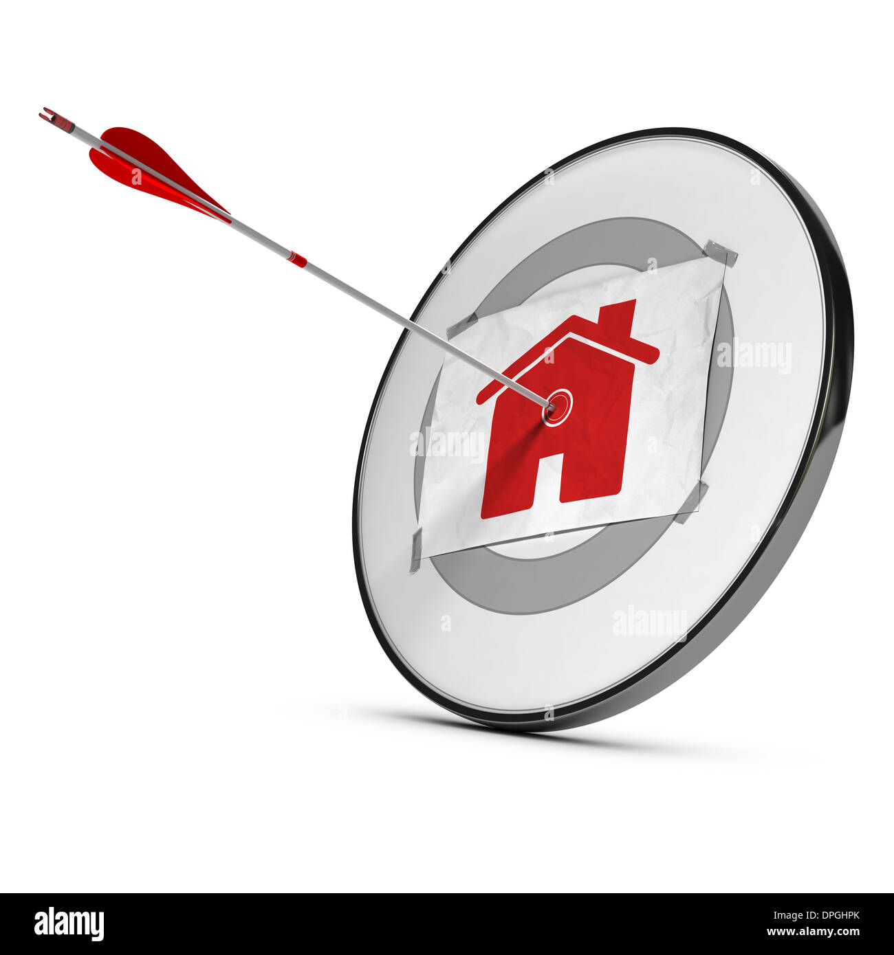 One arrow hitting the center of a home shape fixed on a target, Real estate investment concept over white background Stock Photo