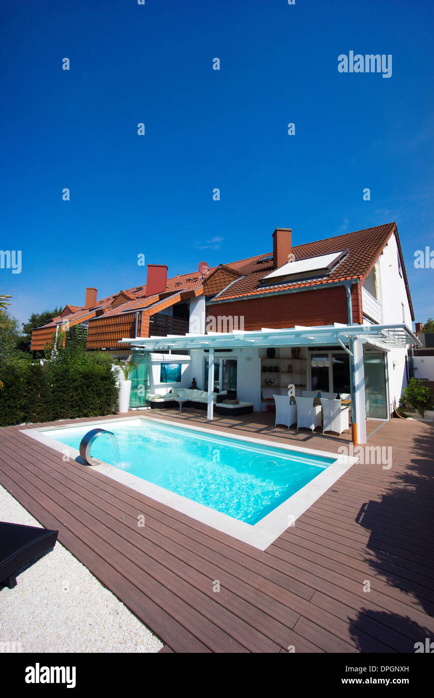 Private terraced house with garden, winter garden, pool and terrace, Germany, Europe - August 2013 Stock Photo