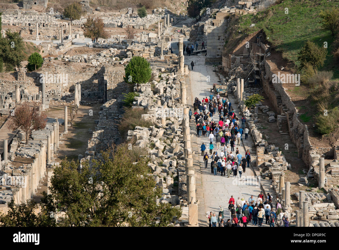 Turkey, Kusadasi, Ephesus. Overview of the tourist crowded Marble Avenue (aka Marble Way). Stock Photo