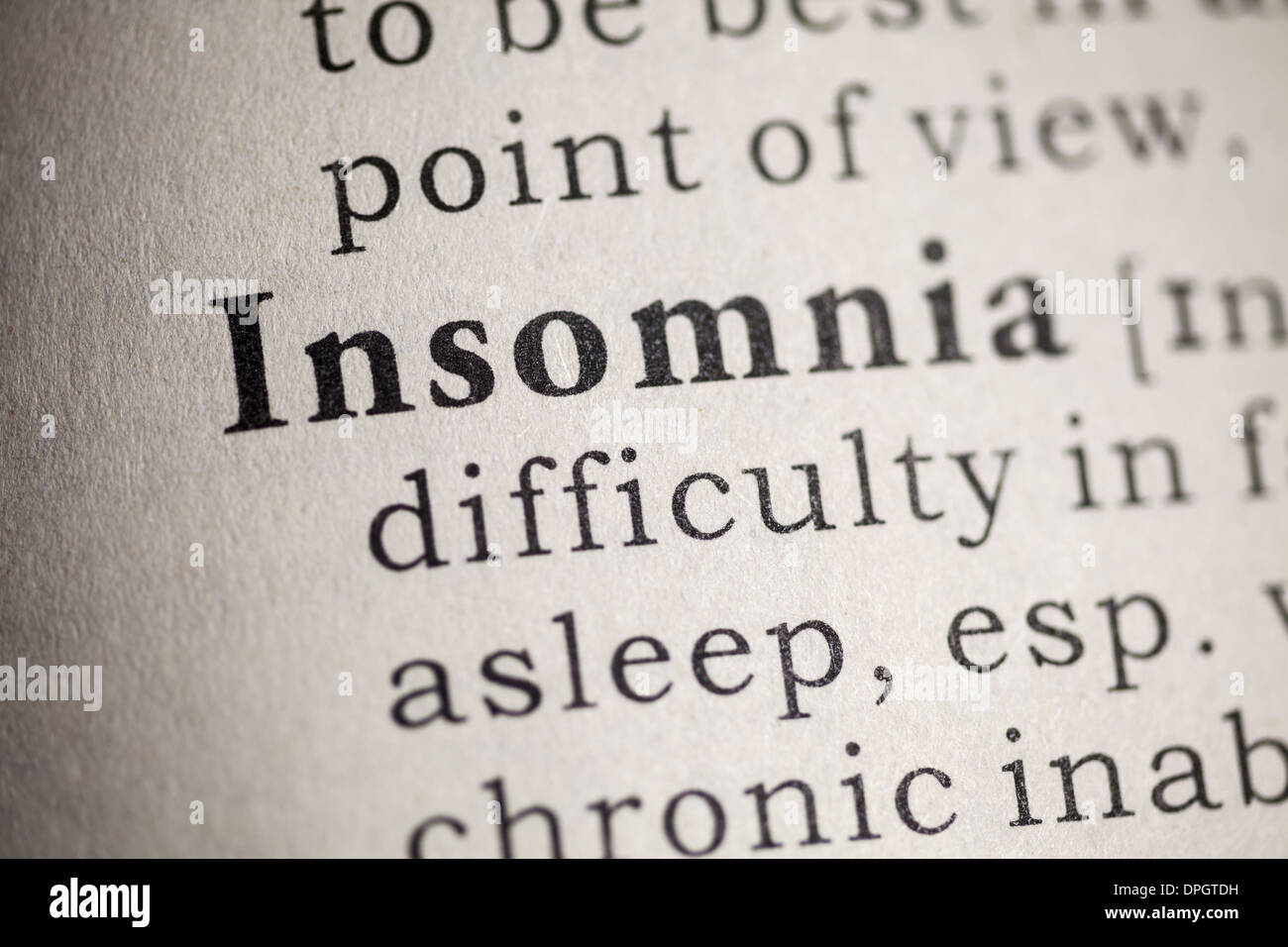 Fake Dictionary, Dictionary definition of the word insomnia. Stock Photo