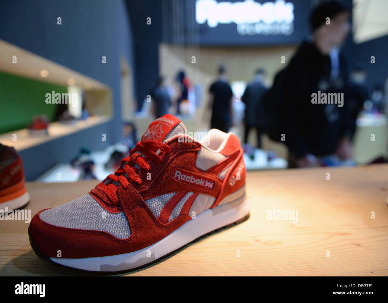 Berlin, Germany. 14th Jan, 2014. A sports shoe of US label Reebok is  pictured during the fashion fair 'Bread & Butter' in the former Tempelhof  airport in Berlin, Germany, 14 January 2014.