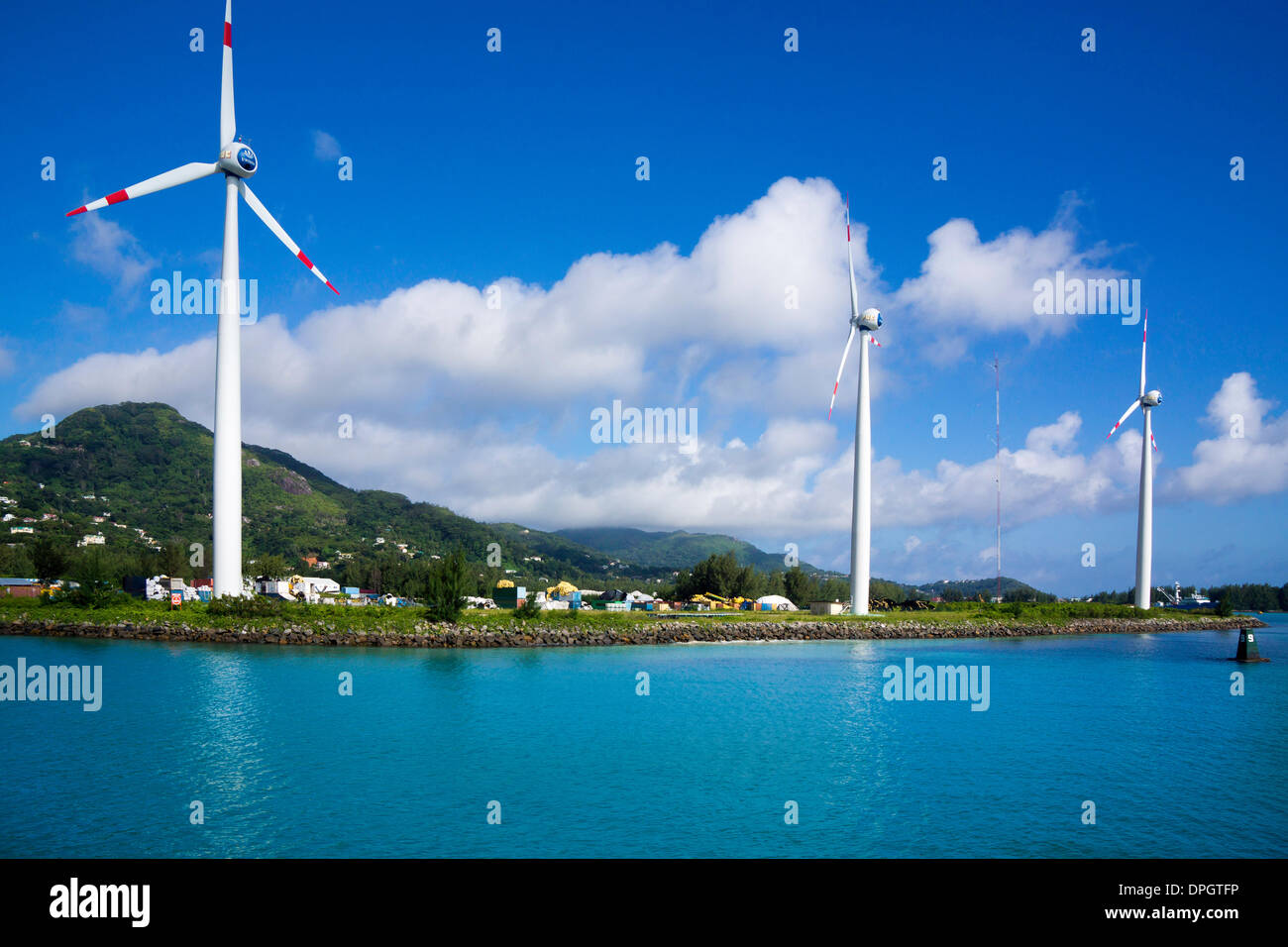 Wind turbines on Mahe, Seychelles, Africa Stock Photo
