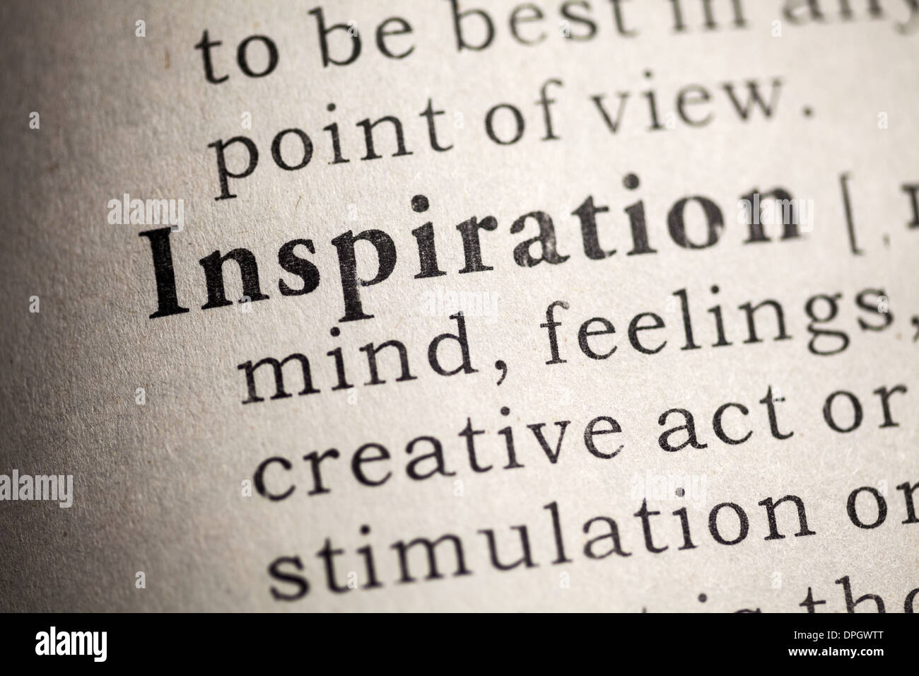 Fake Dictionary, Dictionary definition of inspiration. Stock Photo