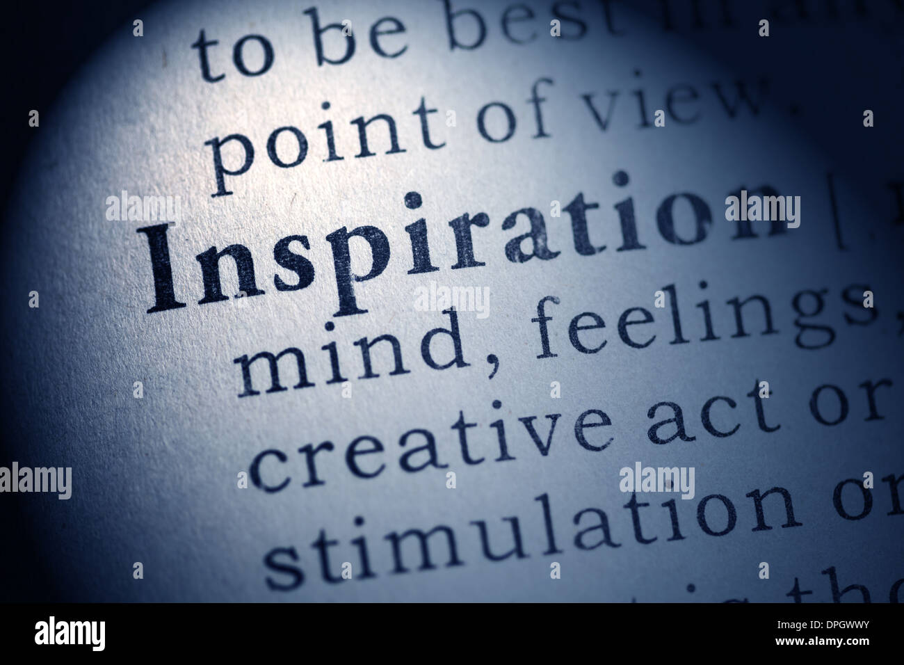 Fake Dictionary, Dictionary definition of inspiration. Stock Photo