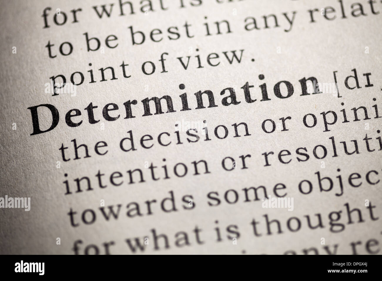 Fake Dictionary, Dictionary definition of determination. Stock Photo