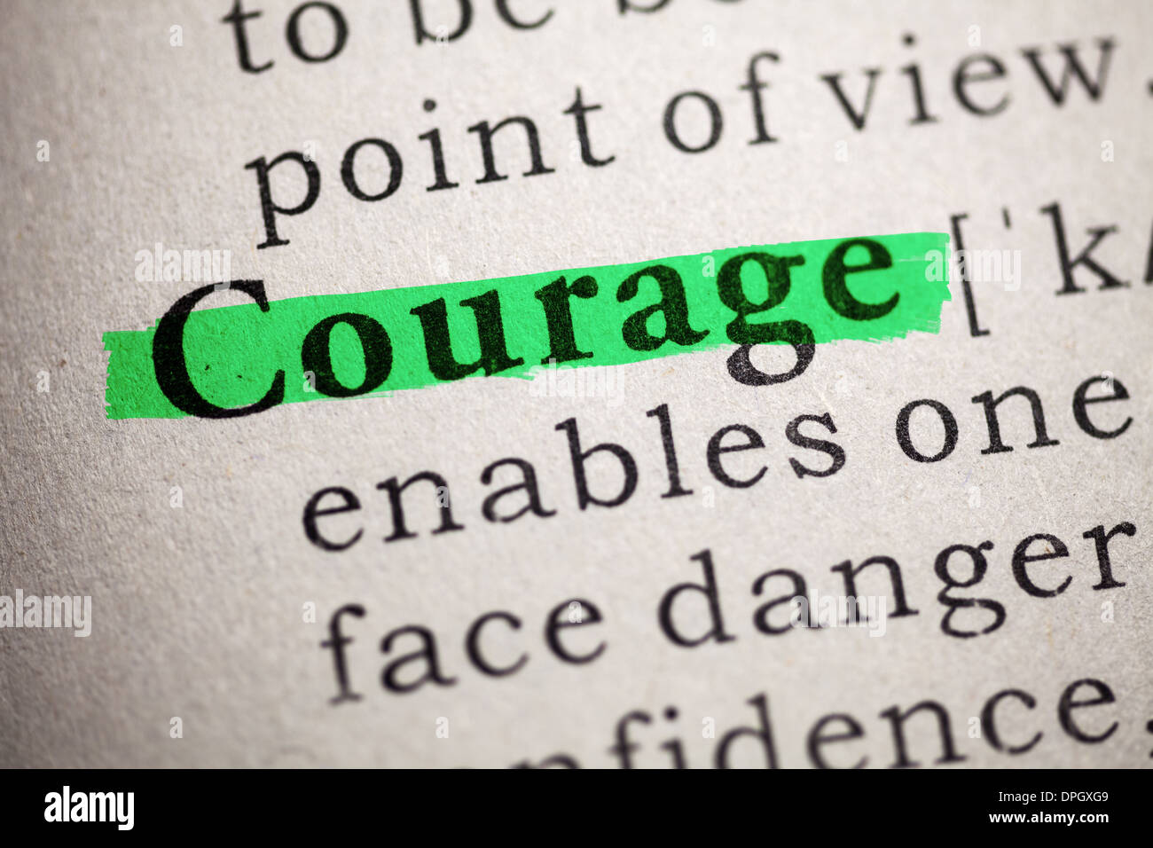 Fake Dictionary, Dictionary definition of courage. Stock Photo