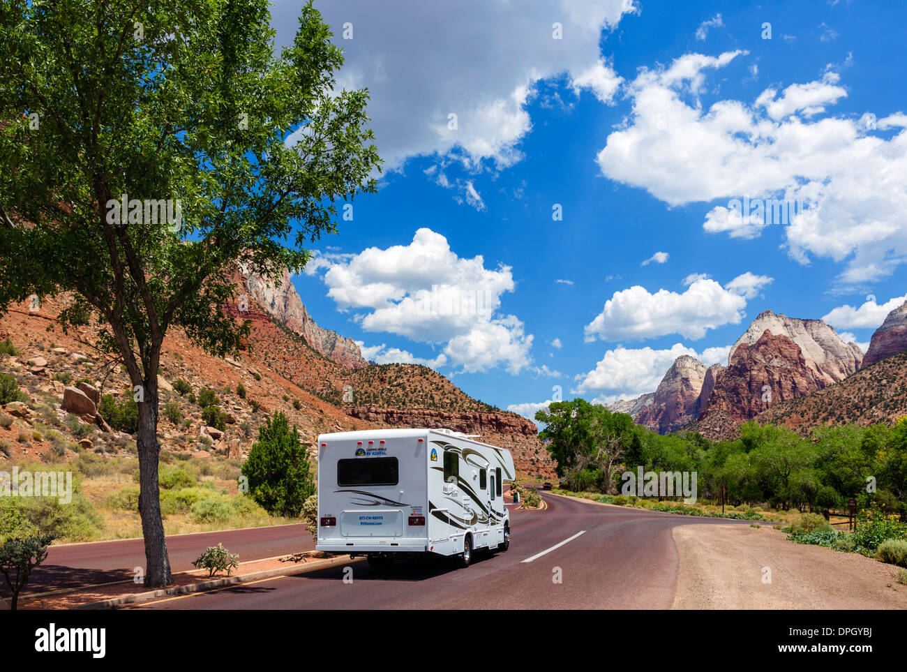 RV driving through Zion National Park on the scenic drive, Utah, USA Stock Photo