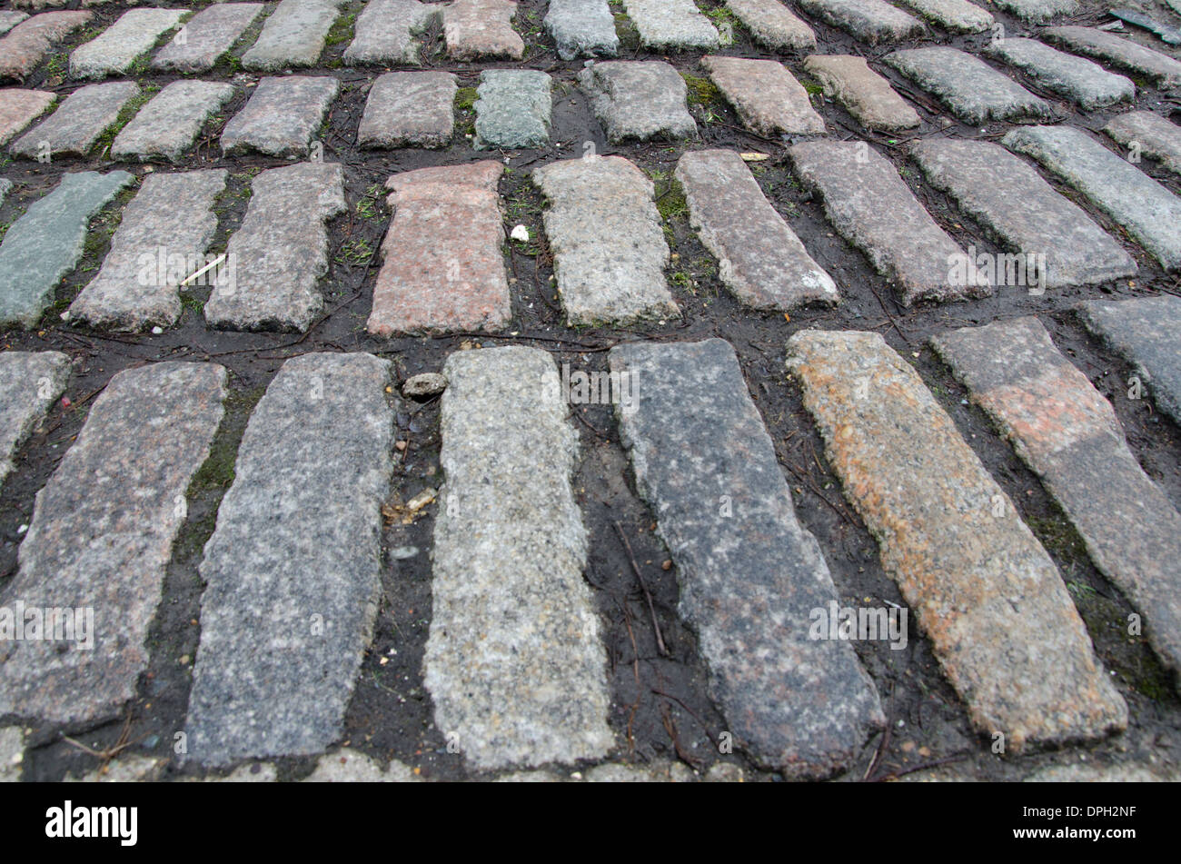 Stone cobbles laid out in regular rectangular pattern Stock Photo
