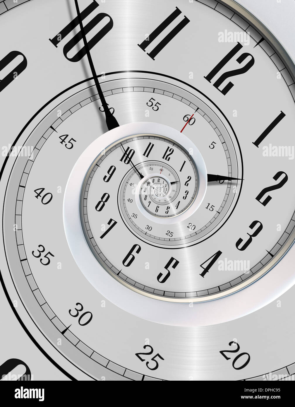 Spinning Clock. Never Ending Time Concept Illustration. Modern Silver