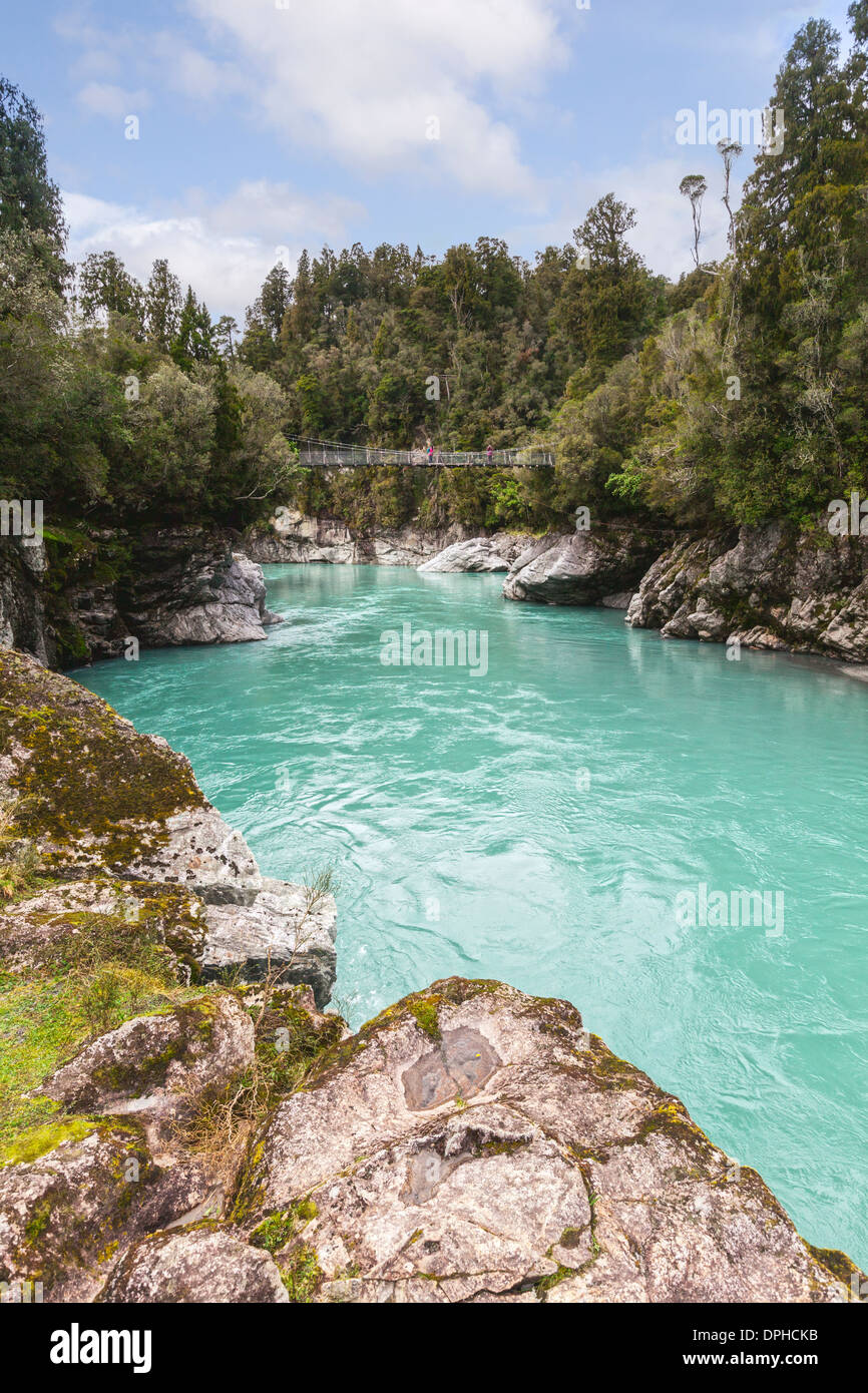 The gorge of the Hokitika River, West Coast, in the South Island of New Zealand. The colour of the water is characteristic... Stock Photo