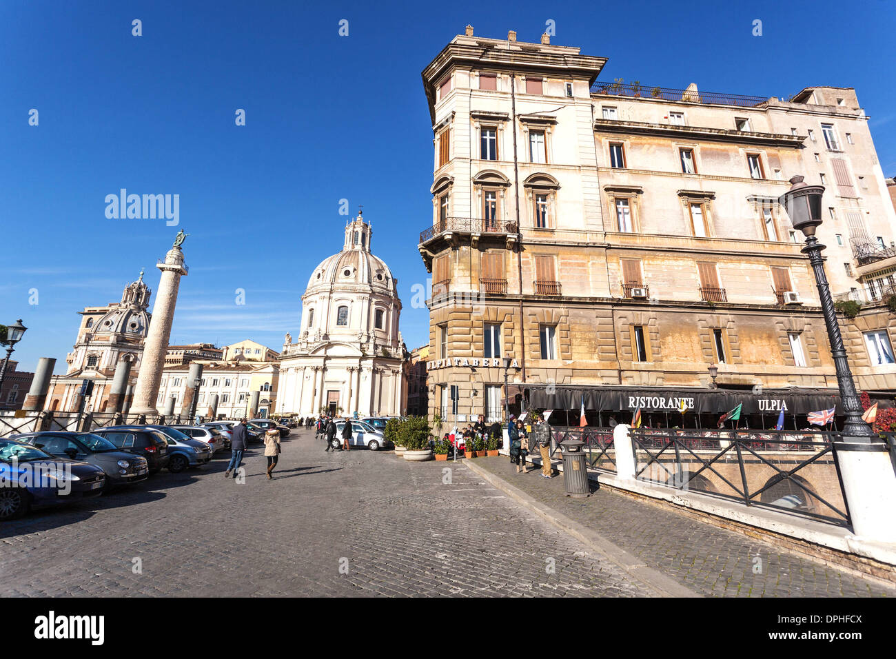 Trajan's Column and the Church of Santa Maria di Loreto, Rome, Italy Stock Photo
