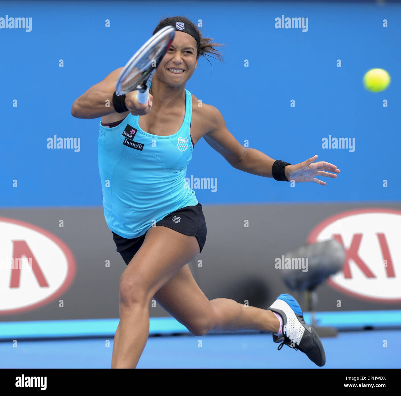 Melbourne, Victoria, Australia. 11th Jan, 2014. HEATHER WATSON (GBR) in action during her victory over Irina Falconi (USA) in their Womens Singles Third Qualifying Round match today - Heather Watson (GBR) def Irina Falconi (USA) 6-4 7-6 (7-1) © Andrew Patron/ZUMAPRESS.com/Alamy Live News Stock Photo
