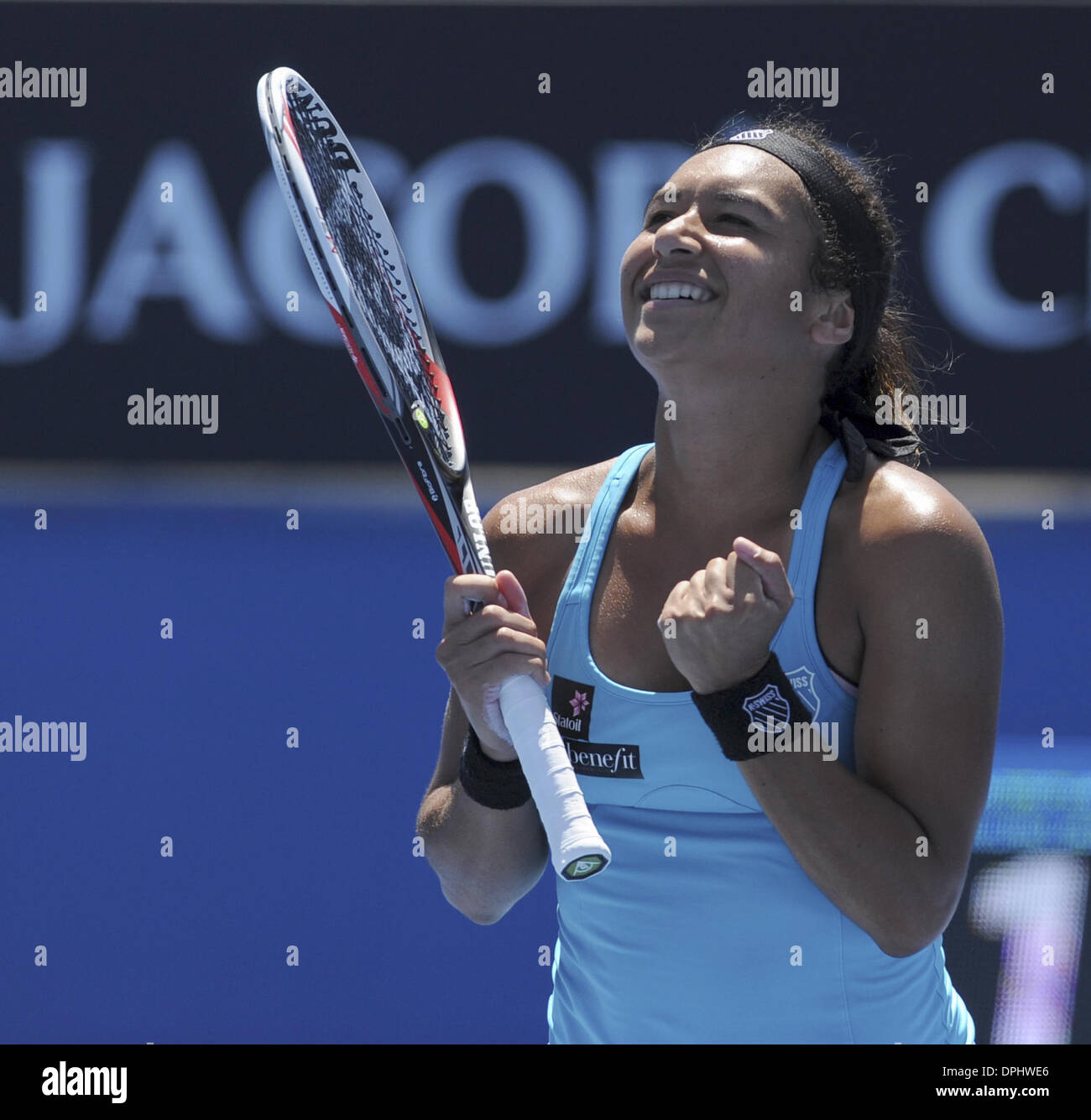 Melbourne, Victoria, Australia. 11th Jan, 2014. HEATHER WATSON (GBR) in action during her victory over Irina Falconi (USA) in their Womens Singles Third Qualifying Round match today - Heather Watson (GBR) def Irina Falconi (USA) 6-4 7-6 (7-1) © Andrew Patron/ZUMAPRESS.com/Alamy Live News Stock Photo