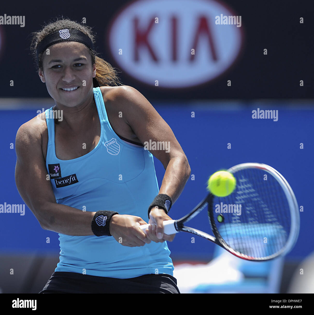Melbourne, Victoria, Australia. 11th Jan, 2014. HEATHER WATSON (GBR) in action during her victory over Irina Falconi (USA) in their Womens Singles Third Qualifying Round match today - Heather Watson (GBR) def Irina Falconi (USA) 6-4 7-6 (7-1) © Andrew Patron/ZUMAPRESS.com/Alamy Live News Stock Photo