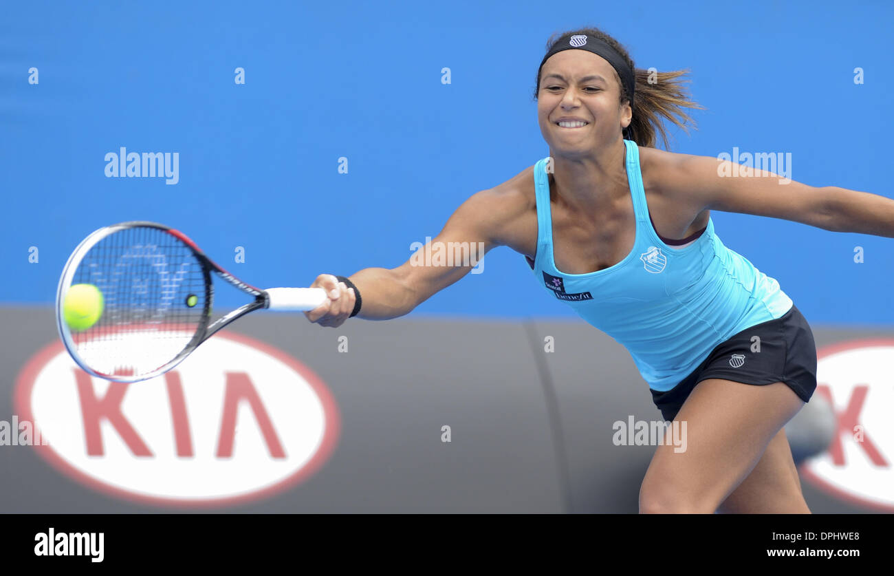 Melbourne, Victoria, Australia. 11th Jan, 2014. HEATHER WATSON (GBR) in action during her victory over Irina Falconi (USA) in their Womens Singles Third Qualifying Round match today - Heather Watson (GBR) def Irina Falconi (USA) 6-4 7-6 (7-1) © Andrew Patron/ZUMAPRESS.com/Alamy Live News Stock Photo