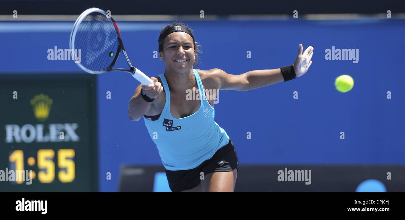 Melbourne, Victoria, Australia. 11th Jan, 2014. HEATHER WATSON (GBR) in action during her victory over Irina Falconi (USA) in their Womens Singles Third Qualifying Round match today - Heather Watson (GBR) def Irina Falconi (USA) 6-4 7-6 (7-1) © Andrew Patron/ZUMAPRESS.com/Alamy Live News Stock Photo