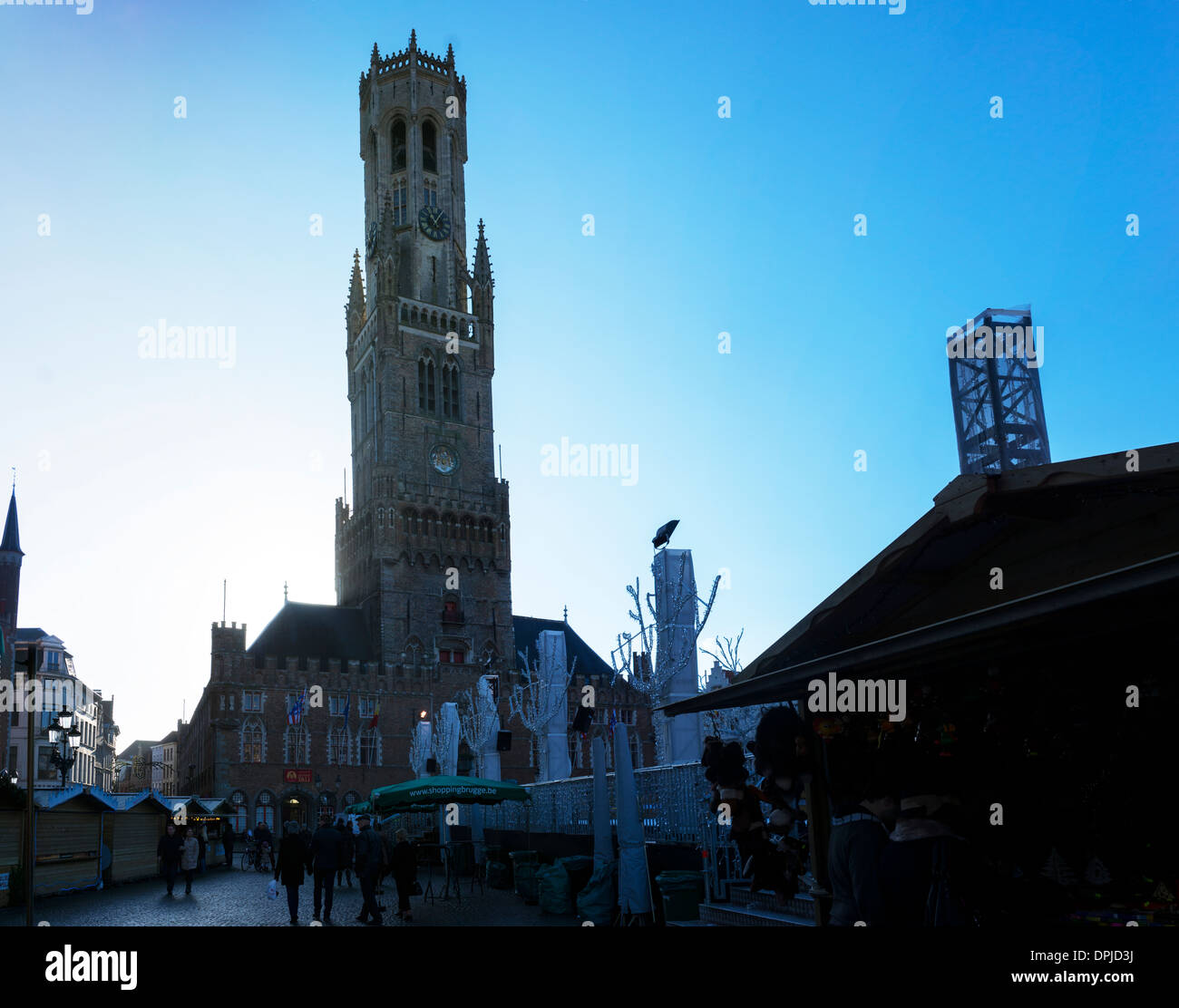 Belfry of Bruges winter marketplace winter sunrise Stock Photo