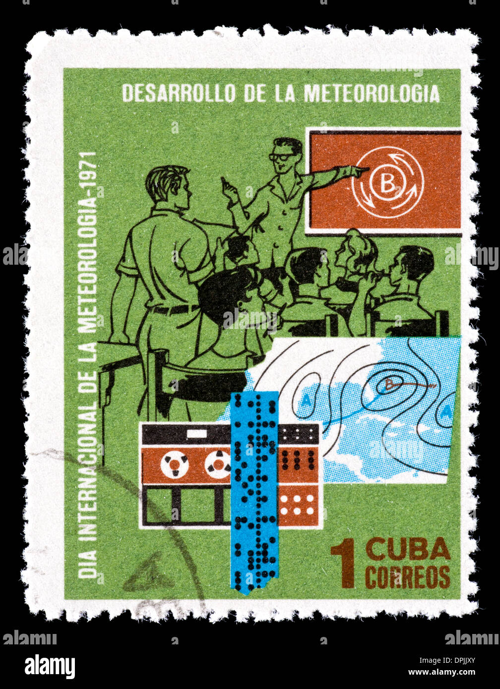 Postage stamp from Cuba depicting a class, weather chart and computer,  issued for World Meteorology Day Stock Photo - Alamy