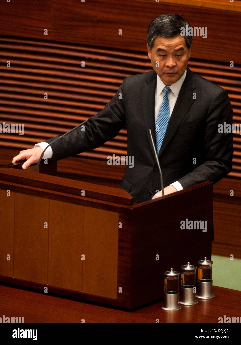 Hong Kong, China. 15th Jan, 2014. Leung Chun-ying, chief executive of Hong Kong Special Administrative Region (HKSAR), delivers his second policy address at the Legislative Council in Hong Kong, south China, Jan. 15, 2014. Leung pledged Wednesday to further strengthen Hong Kong's position as an international and regional logistics centre. © Lui Siu Wai/Xinhua/Alamy Live News Stock Photo