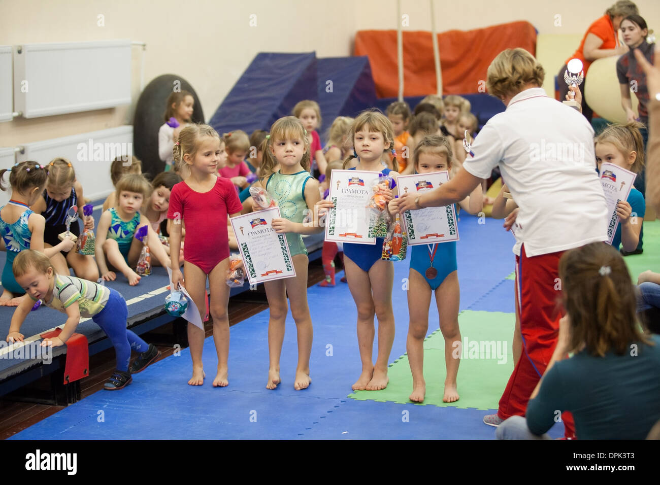 Awarding of winners of competition in gymnastics for girls four to five years, St. Petersburg, Russia Stock Photo