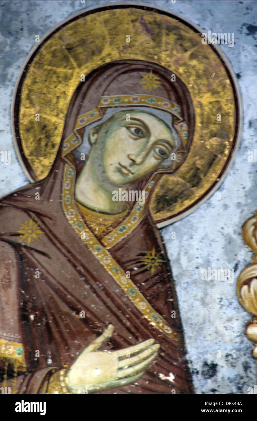 Virgin Mary Byzantine Fresco or Wall Painting in Narthex of the Protaton or Church of the Protos Karyes Mount Athos Greece Stock Photo