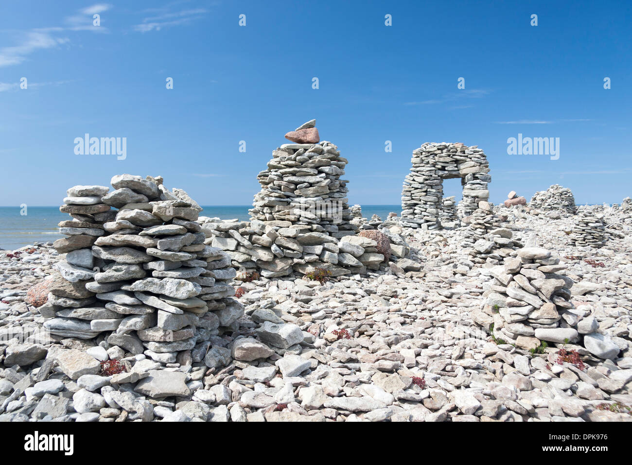 Stone objects or sculptures stowed or piled by tourists in Saaremaa, Estonia Stock Photo