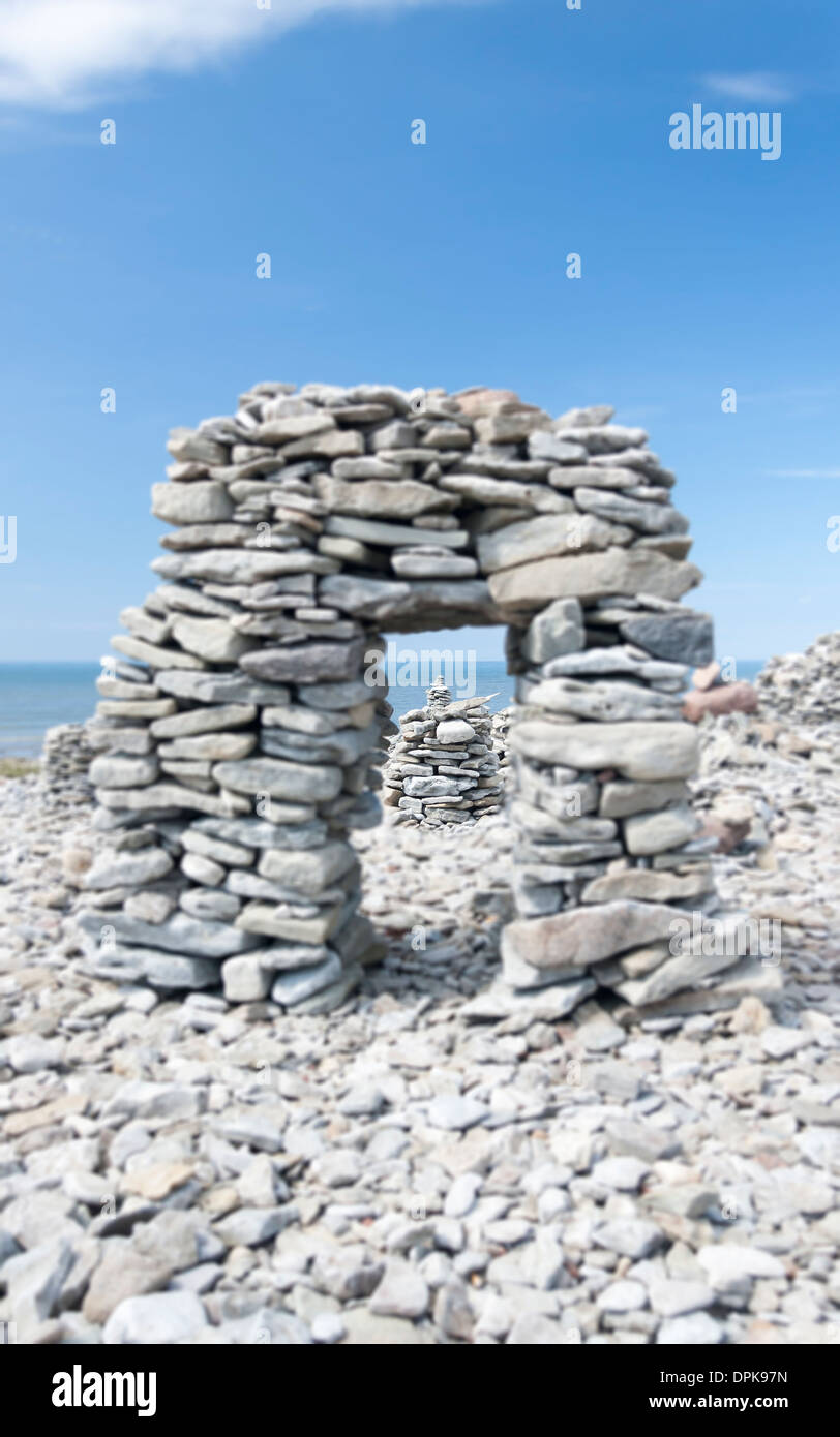 Stone objects or sculptures stowed or piled by tourists in Saaremaa, Estonia Stock Photo