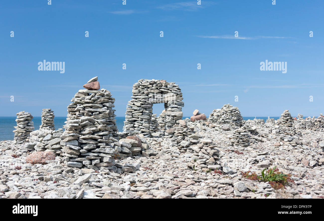 Stone objects or sculptures stowed or piled by tourists in Saaremaa, Estonia Stock Photo