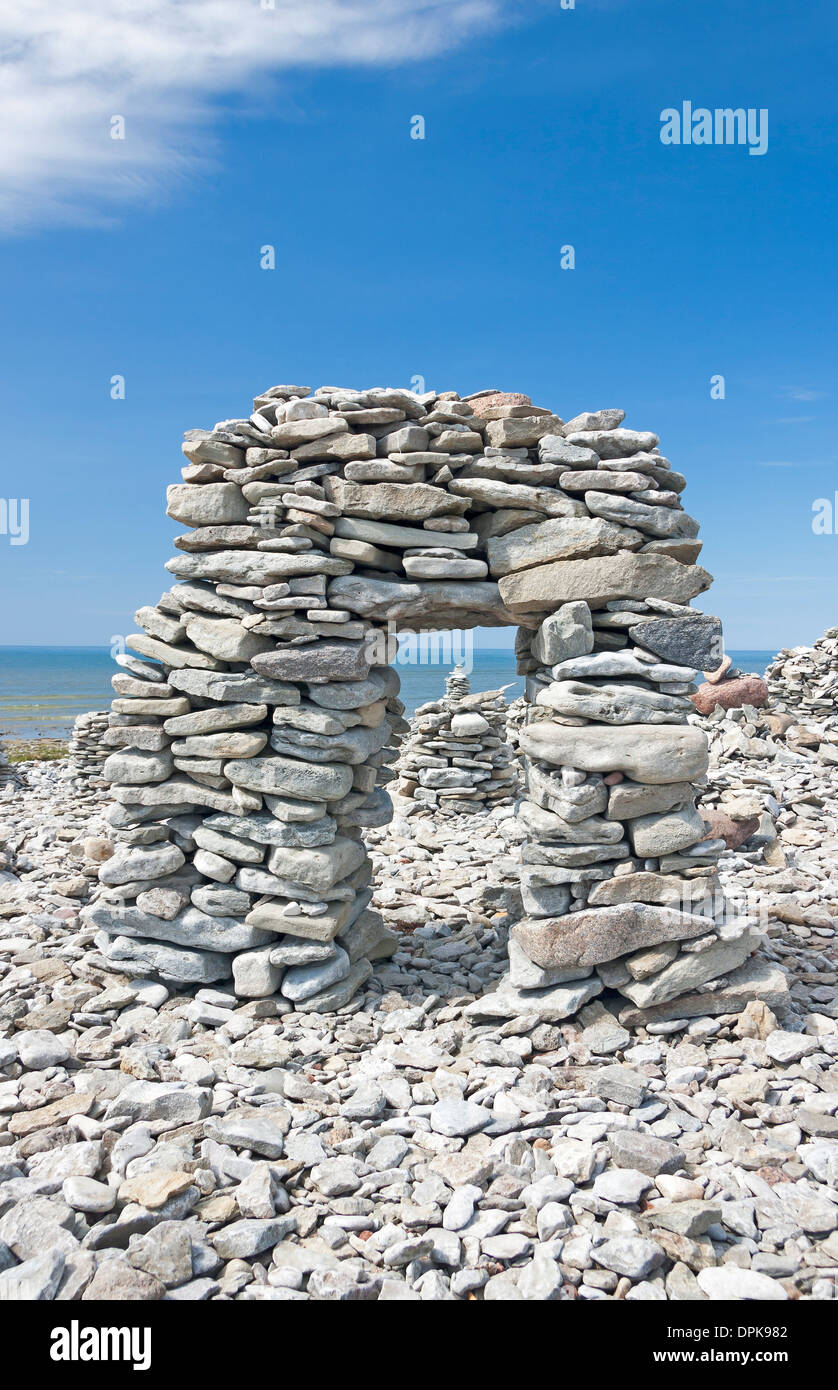 Stone objects or sculptures stowed or piled by tourists in Saaremaa, Estonia Stock Photo