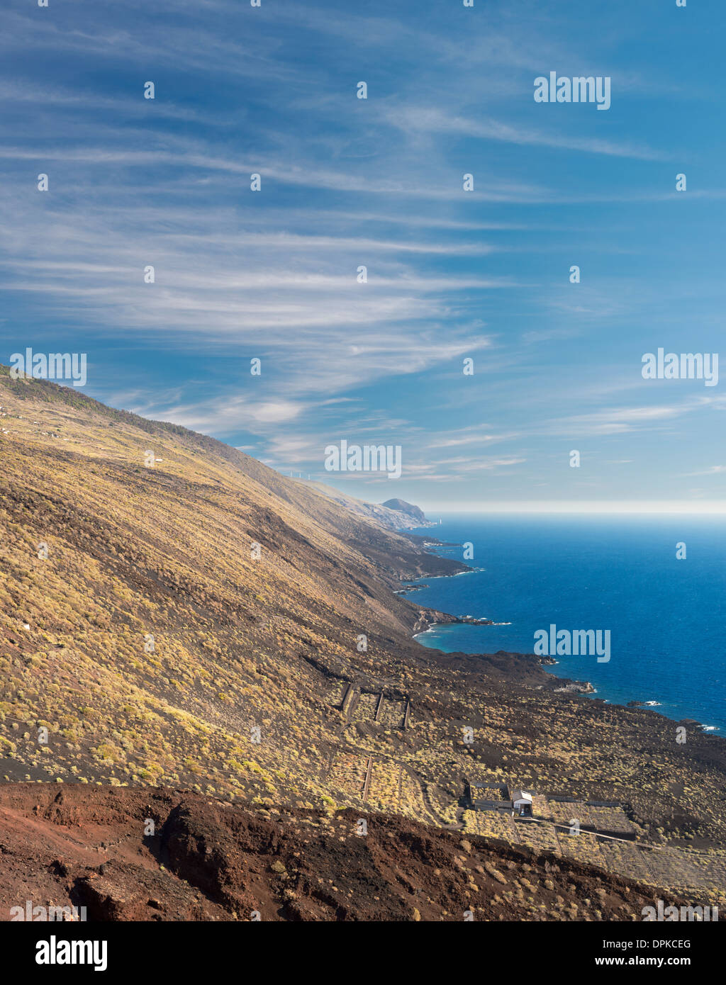 View along the steep, south-east coastline of  La Palma, Canary Islands, from Viento Volcano, Fuencaliente Stock Photo