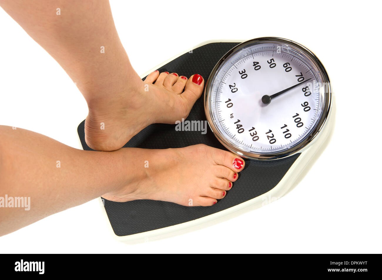 Help to lose kilograms with woman feet stepping on a weight scale Stock  Photo - Alamy