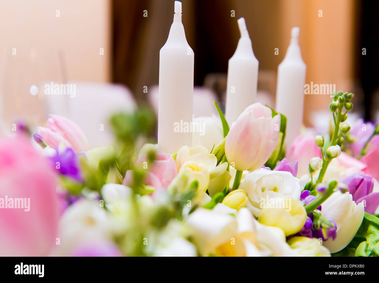 Wedding decoration with flowers and candles Stock Photo - Alamy