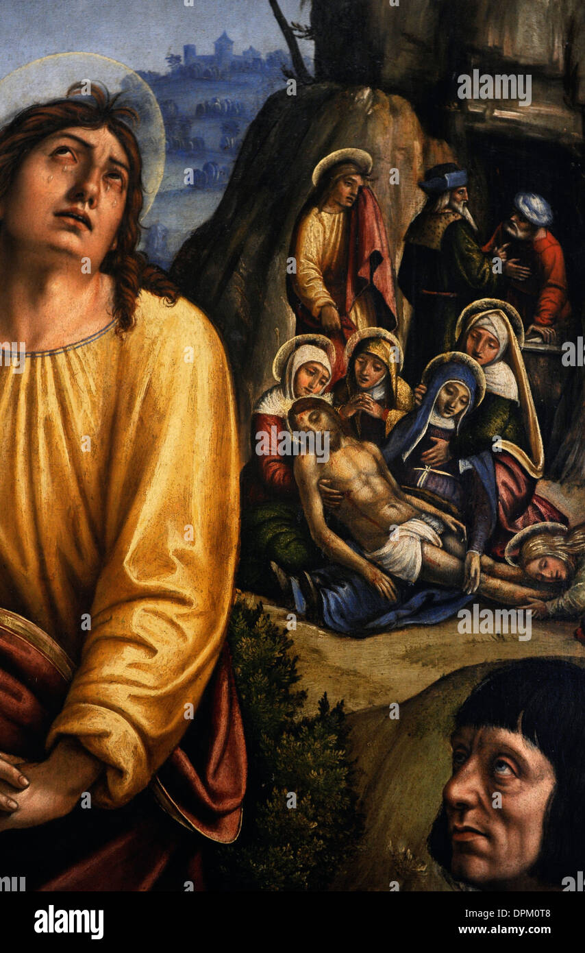 Il Pavese (1485-1528). Italian Renaissance painter. Christ on the cross, the Three Marys on mourning by John and the Donor.