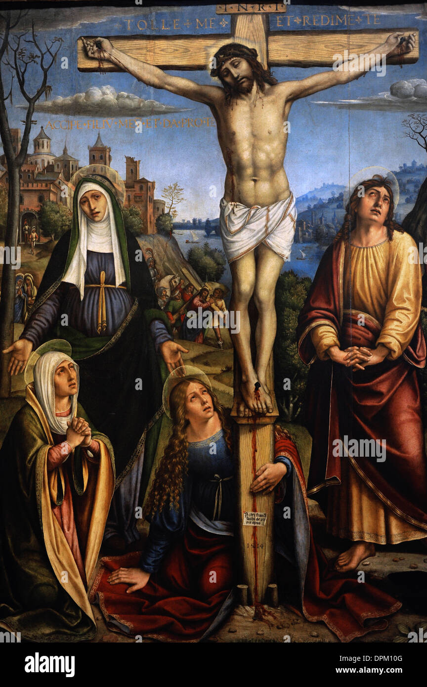 Il Pavese (1485-1528). Italian Renaissance painter. Christ on the cross, the Three Marys on mourning by John and the Donor. Stock Photo