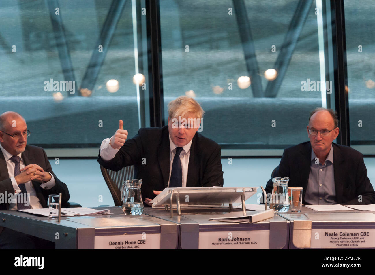City Hall, London, UK. 15th January, 2014. Boris Johnson, answering questions from the London Assembly on the Olympic South Park legacy quipped "I'm going down South Park, I'm gonna have myself a time. We took the precaution of killing Kenny". The Aquatics centre will open on the 1st March. Credit: Lee Thomas/Alamy Live News Stock Photo