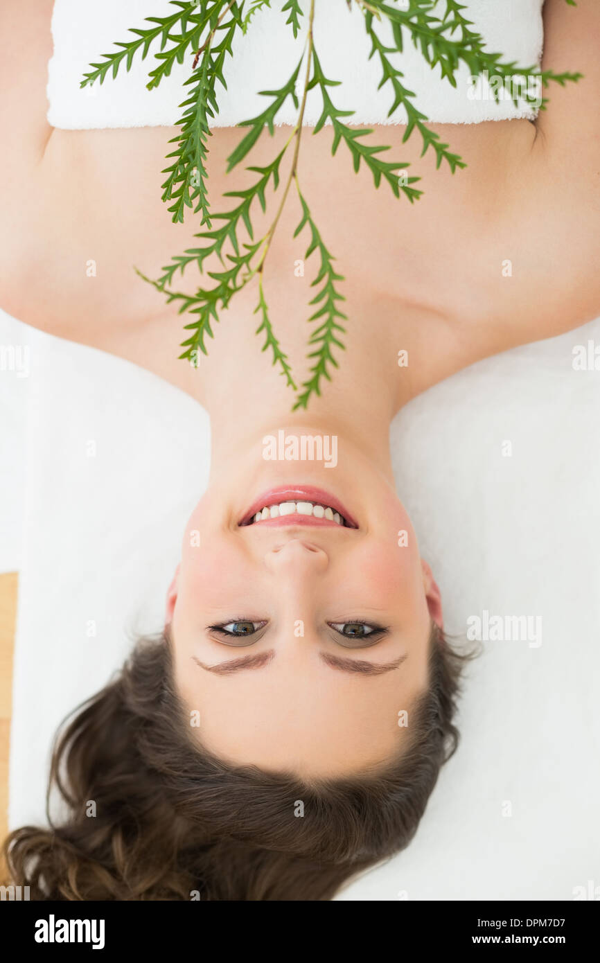 Brunette lying with leaves in beauty salon Stock Photo - Alamy