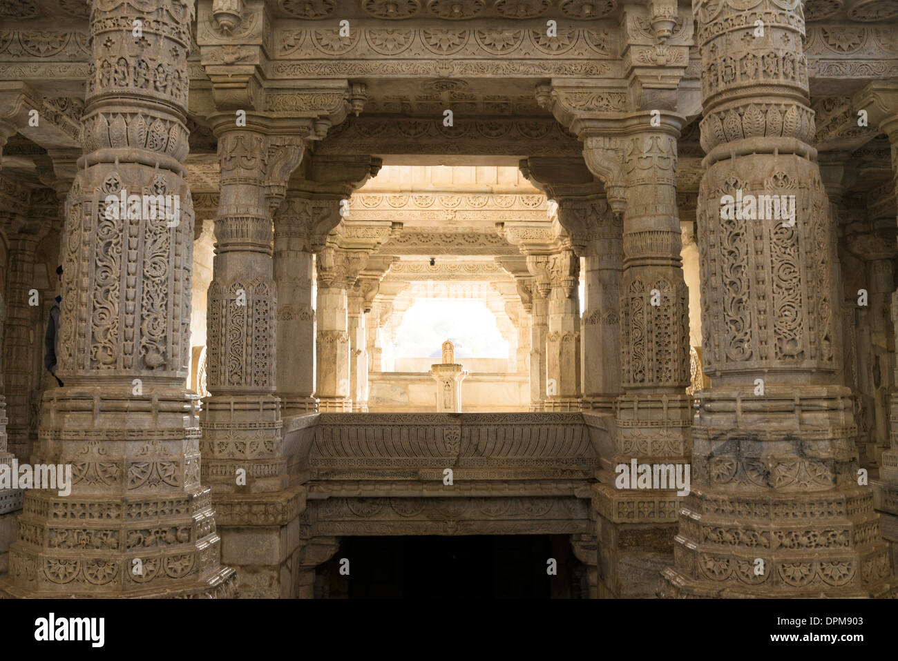 Ancient Ranakpur Temple of Jainism known for its marble carved Pillars Architecture, Designs Rajasthan, India . Stock Photo