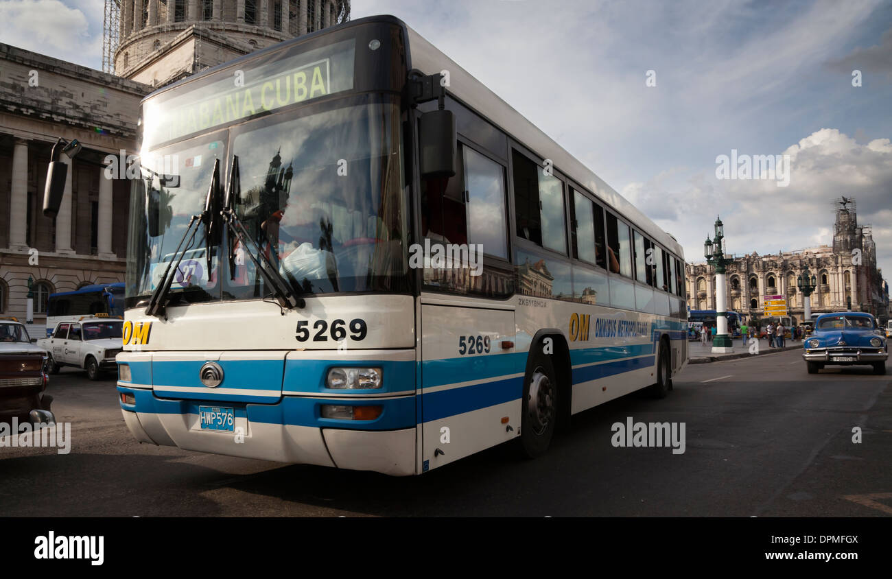 City bus outside El Capitolio in Havana, Cuba Stock Photo