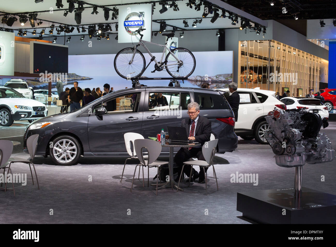Detroit, Michigan - A journalist works during press previews of the North American International Auto Show. Stock Photo