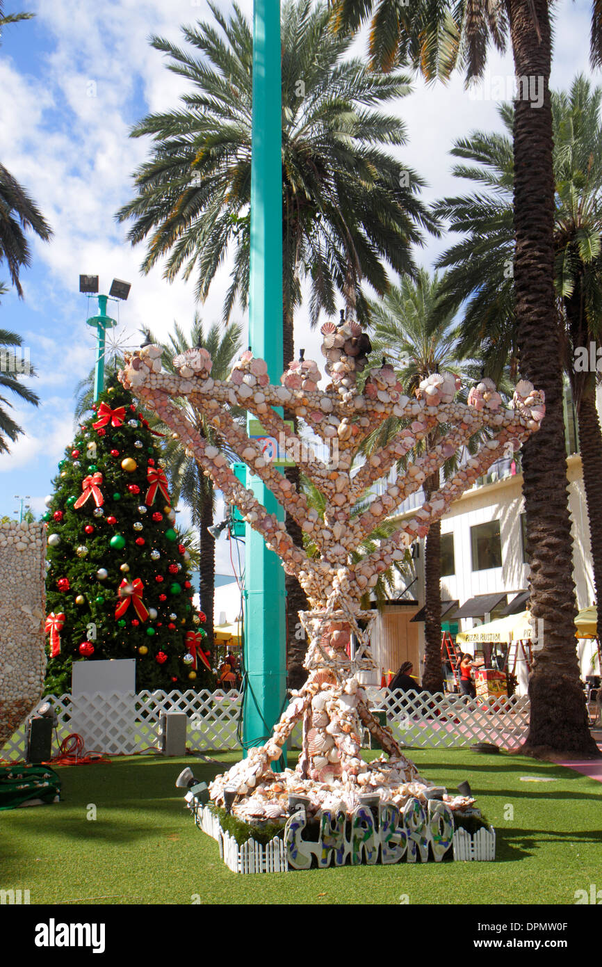 Miami Beach Florida,Lincoln Road Mall,Christmas,tree,menorah,Hanukkah lamp,Jewish,traditions,FL131231086 Stock Photo