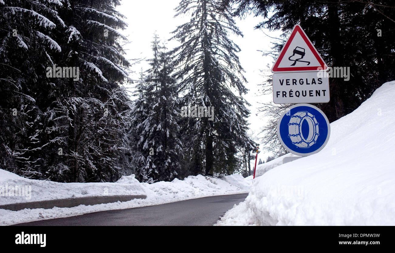 French road sign for snow chains and beware of black ice Stock Photo