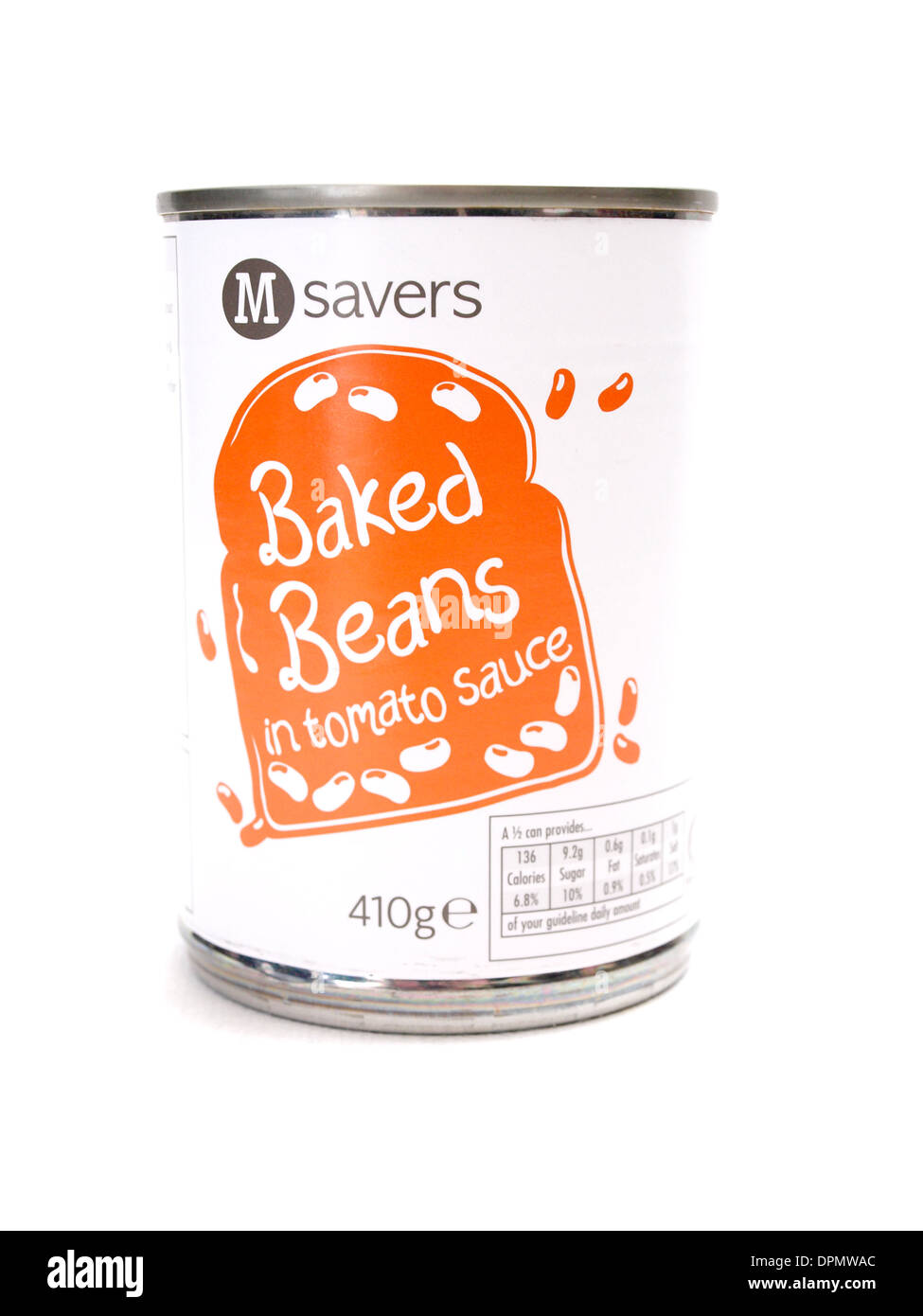 Tin of Morrisons own brand cheap baked beans on a white background Stock Photo