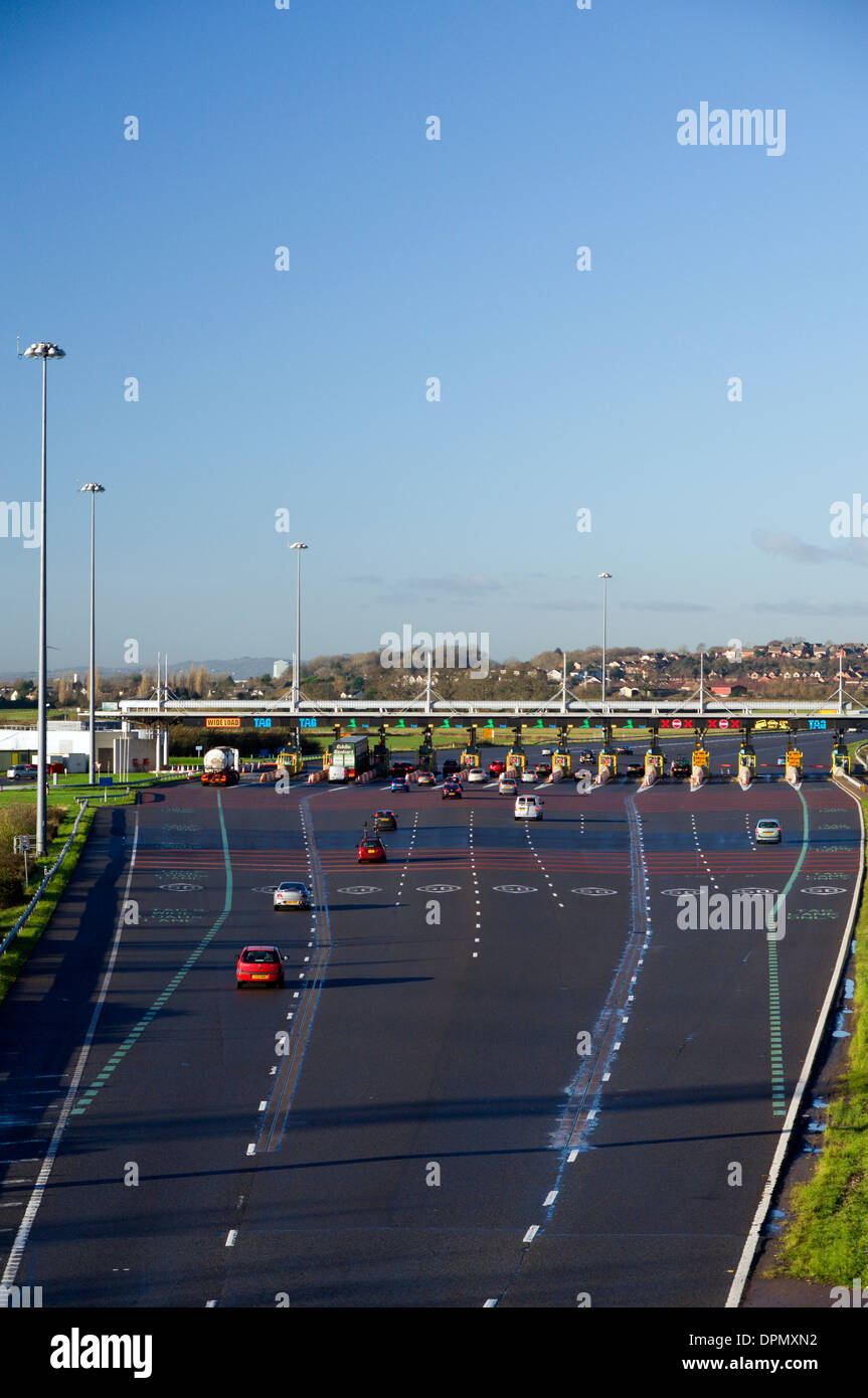 Toll Booths on M4 motorway Second Severn Crossing Rogiet near Caldicot, Monmouthshire, South Wales. Stock Photo