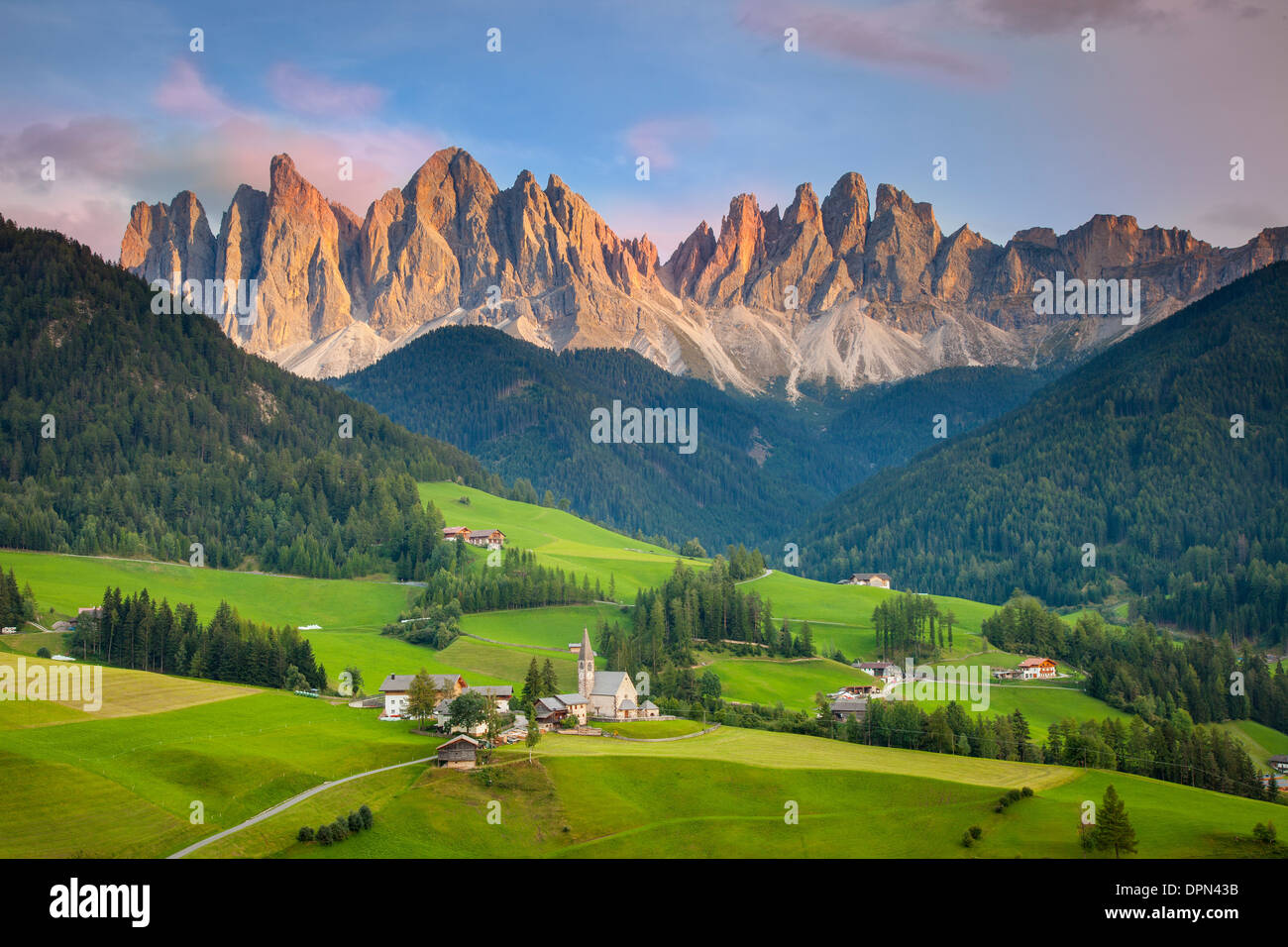 Santa Maddelena and The Dolomites in Val di Funes, Trentino-Alto-Adige Italy Stock Photo