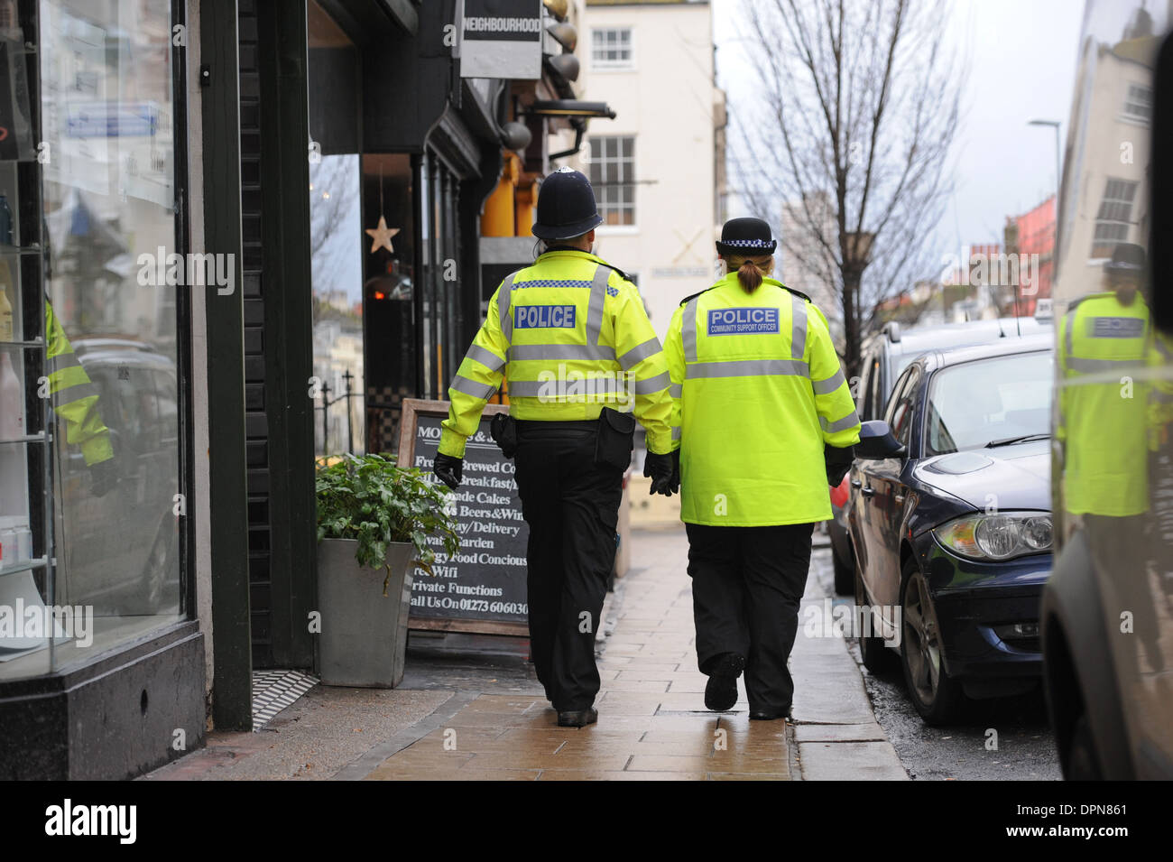 Police officer and a Police Community Support Officer walking the beat in Brighton Stock Photo
