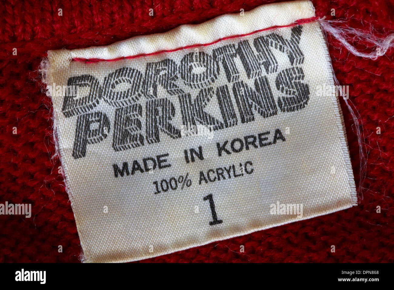 label in garment - Dorothy Perkins Made in Korea 100% acrylic - sold in the  UK United Kingdom, Great Britain Stock Photo - Alamy