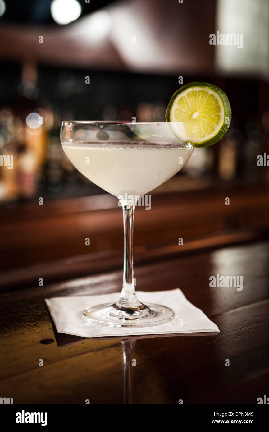 Famous Classic Cocktail Daiquiri with slice of Lemon. Shot on location